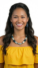 Load image into Gallery viewer, Woman wearing a yellow off-shoulder top and a Sasha L Jewels necklace with blue and white beads 