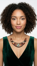 Load image into Gallery viewer, Woman wearing a green dress and Sasha L Jewels designer wood colorful necklace background