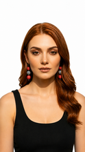 Load image into Gallery viewer, Pom Boho Chic Earrings (Stripe Variations) PINK BLACK STRIPE DESIGN