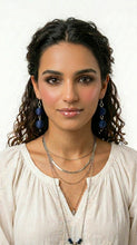 Load image into Gallery viewer, Woman wearing a white blouse with layered necklaces and Sasha L Jewels Navy Blue earrings 