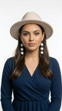 Load image into Gallery viewer, Woman wearing a blue dress, beige hat, and white earrings with Sasha L Jewels Boho Chic Style Summer Earrings