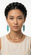 Load image into Gallery viewer, Woman wearing Sasha L Jewels turquoise warrior earrings triple and a beige top 
